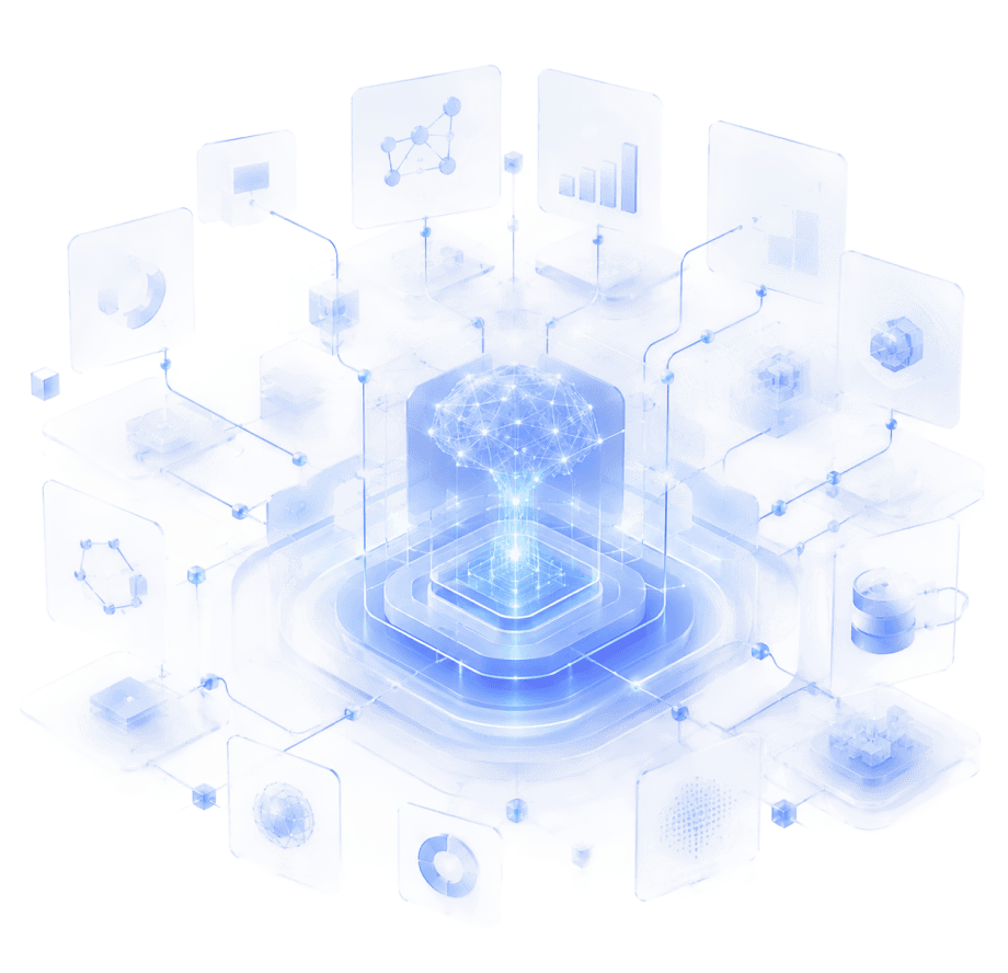 An abstract rendering of a central AI core connected to a lattice of research artefacts